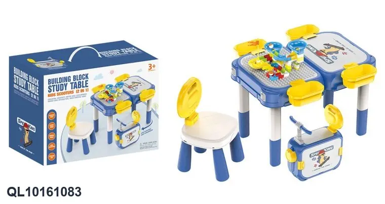 Rolling Car Building Block Table, Learning Table + Chair + 74 Sliding Track Building Blocks Color Box wholesale from Qili Toys