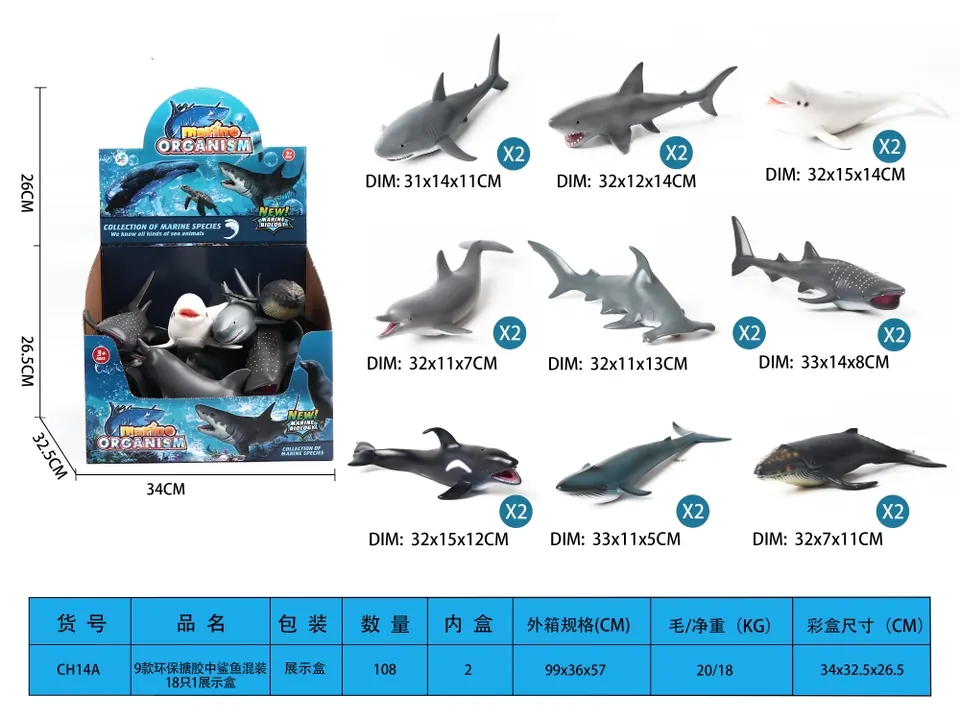 A Set Of 9 Eco-Friendly Melamine Shark Figurines Display Box wholesale from Qili Toys