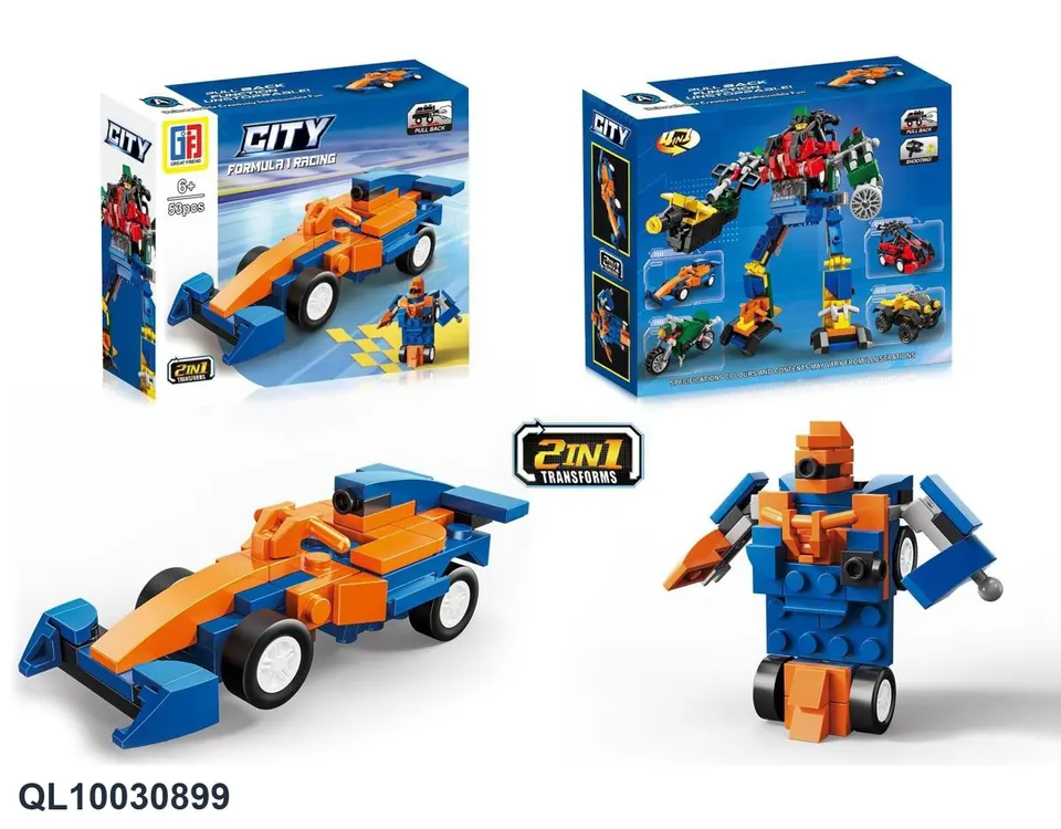 Educational City Racing Block Set, Transforming F1 Formula Car (53 pieces), With Four Different Models To Assemble. Color Box wholesale from Qili Toys