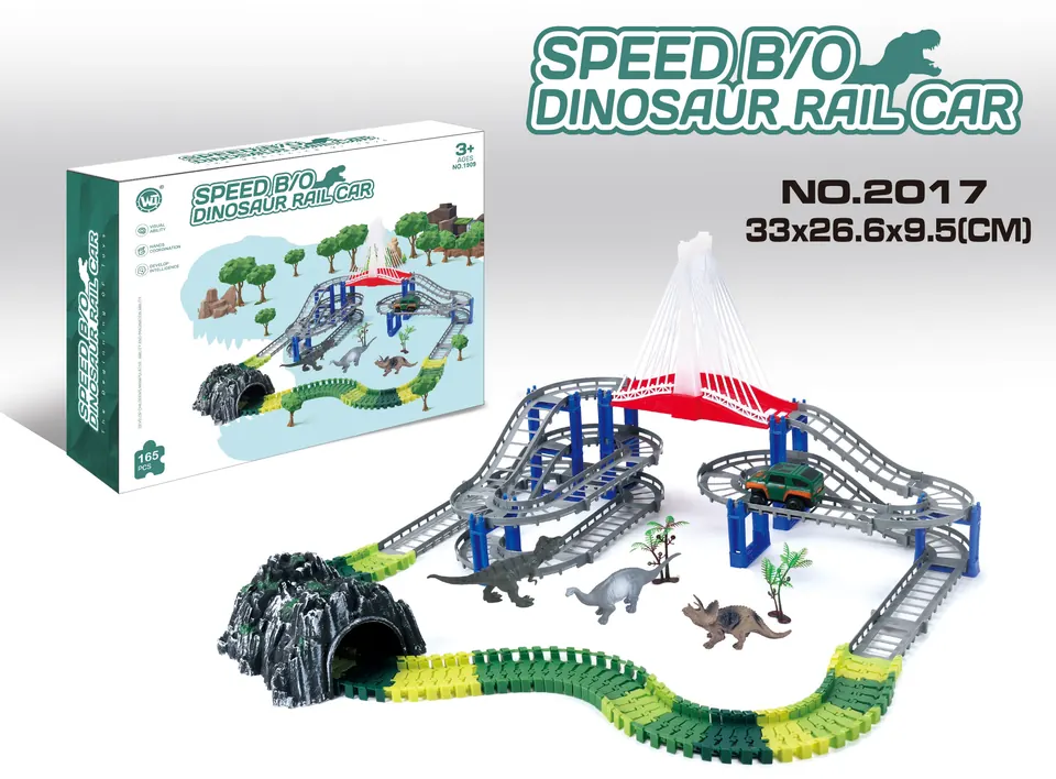 Fast-Speed Electric Dinosaur Track Car (without flashing lights, 167 pieces, requires 4 aa batteries - not included). Color Box wholesale from Qili Toys