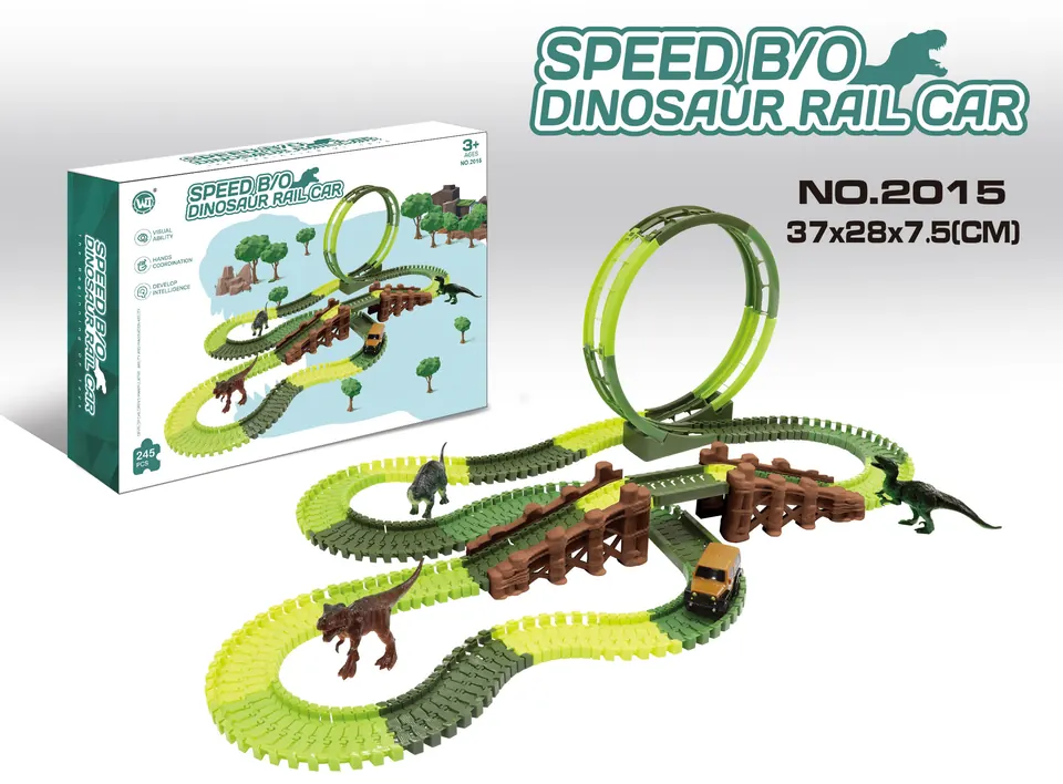 Fast-Speed Electric Dinosaur Track Car (without flashing lights, 245 pieces, requires 2 aaa batteries - not included). Color Box wholesale from Qili Toys