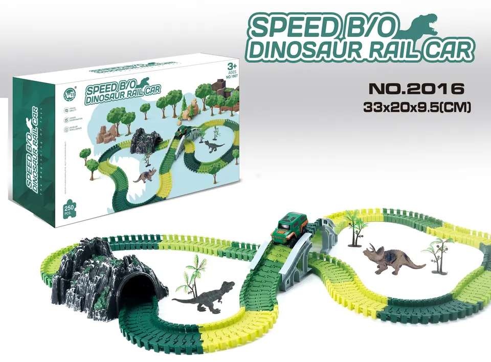 Fast-Speed Electric Dinosaur Track Car (without flashing lights, 250 pieces, requires 1 aa battery - not included). Color Box wholesale from Qili Toys