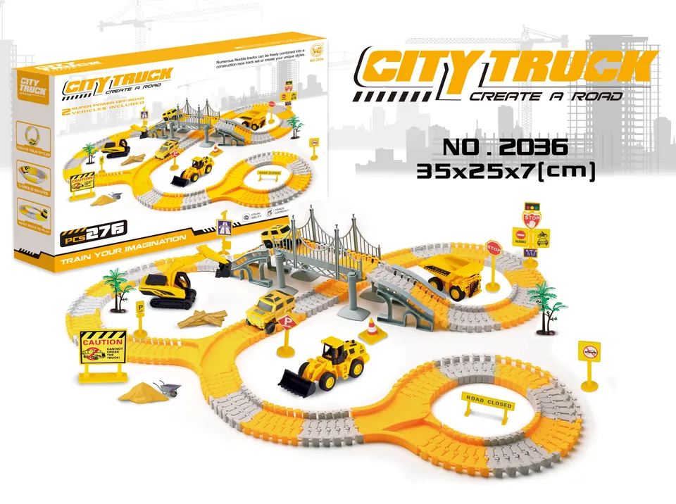 Rapid Electric Construction Track Car (without flashing lights, 276 pieces, includes 2 construction vehicles, requires 4 aa batteries - not included) Color Box wholesale from Qili Toys