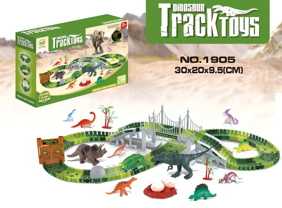 Rapid Electric Dinosaur Track Car (208 pieces, 164 track pieces, 1 aa battery included, lights not included) Color Box wholesale from Qili Toys