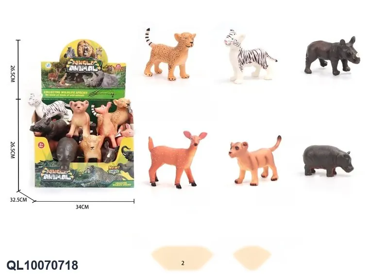 Six Different Animal Figures: A Lion Cub, A White Tiger, A Sika Deer, A Leopard, A Hippopotamus, And A Rhinoceros. Display Box wholesale from Qili Toys