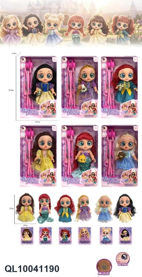 10-Inch 5-Joint 5D Eyes Doll With IC, Vinyl Animal, Stroller Card, 6 Princess Mixed Pack Window Box wholesale from Qili Toys