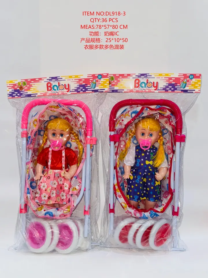 18-Inch Movable Eye Sitting Position Girl With Pacifier Music IC. Big Wheel Cart PVC Header Bag wholesale from Qili Toys