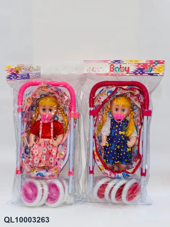 18-Inch Movable Eye Sitting Position Girl With Pacifier Music IC. Big Wheel Cart PVC Header Bag wholesale from Qili Toys