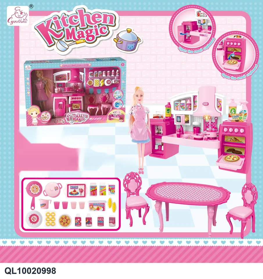 Detachable Cabinet + Table & Chairs + Bread Accessories + Pink Apron Doll, Light & Sound Window Box wholesale from Qili Toys