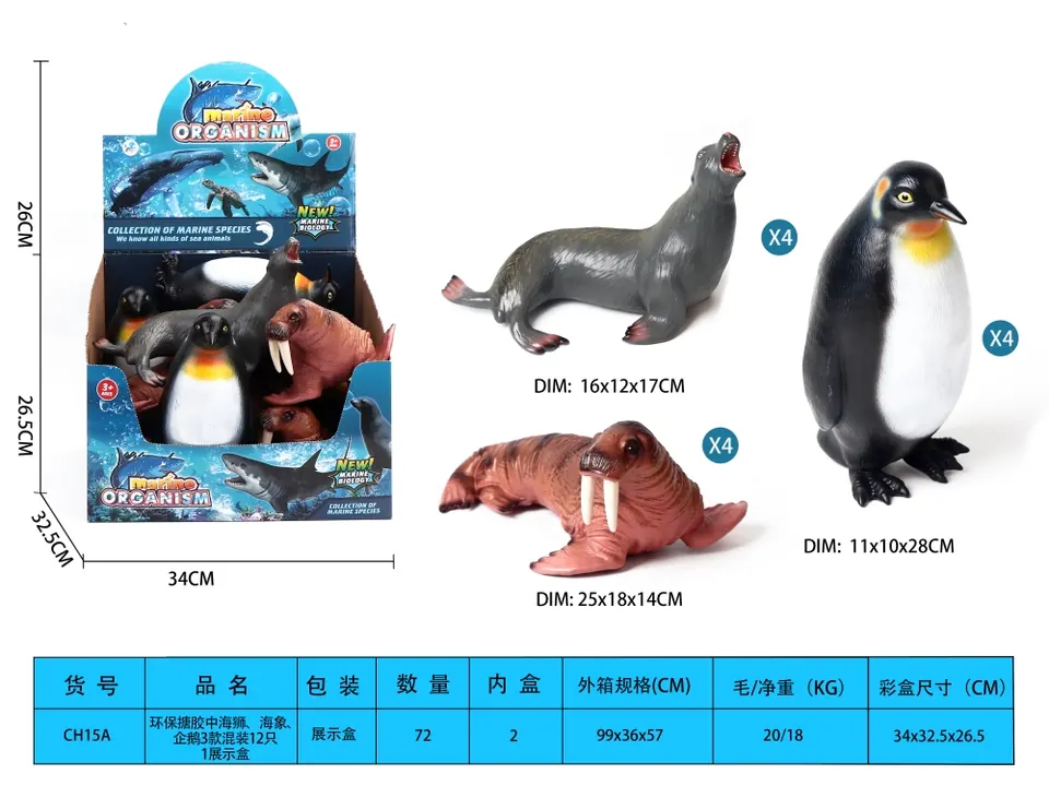 Set Of Three Eco-Friendly Enamel Figures: Sea Lion, Elephant, And Penguin. Display Box wholesale from Qili Toys