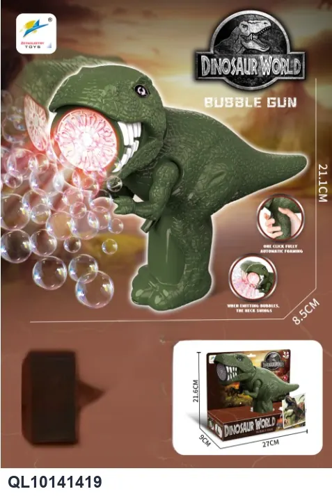 Head-Operated Dinosaur Bubble Gun With A Light, Including 1 Bottle Of Bubble Solution (uses 4 x aa batteries, batteries not included). Display Box wholesale from Qili Toys