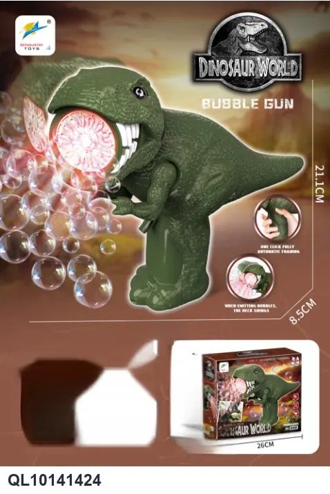 Head-Operated Dinosaur Bubble Gun With A Light, Including 1 Bottle Of Bubble Solution (uses 4 x aa batteries, batteries not included). Color Box wholesale from Qili Toys