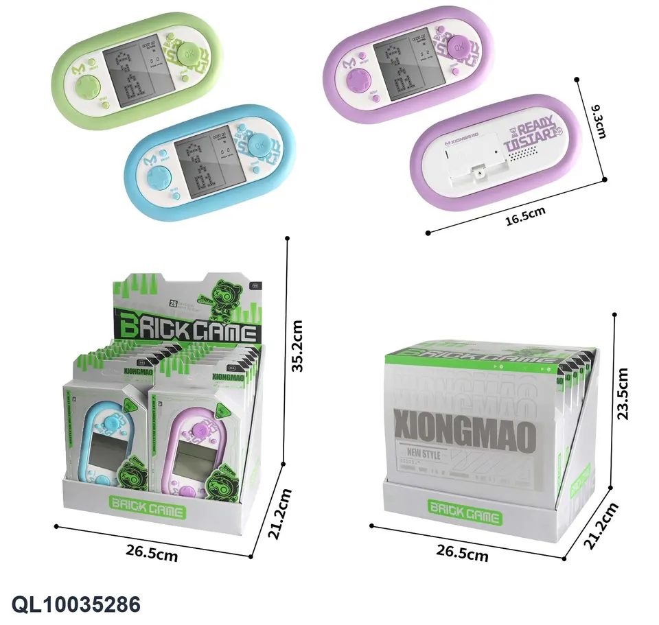 White Printed Purple, White Printed Green, Silver Blue Tetris Game Console (3-inch screen) Window Box + Display Box Display Box wholesale from Qili Toys