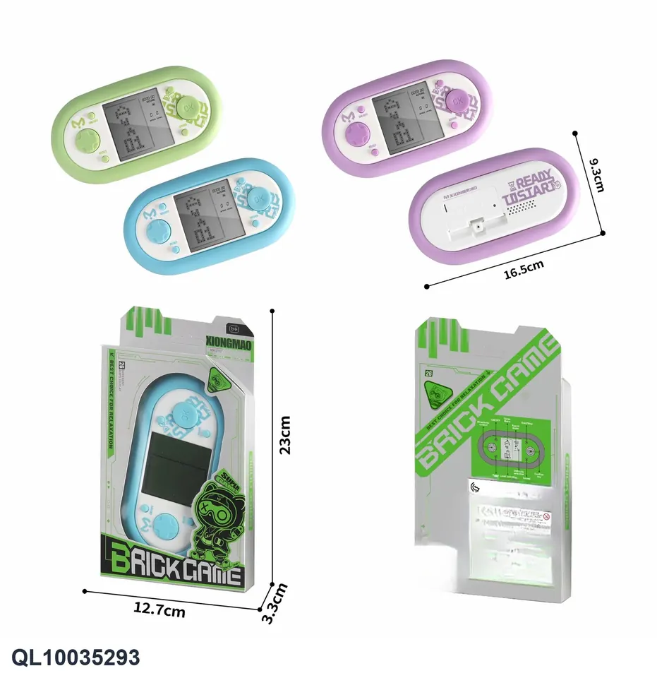 White Printed Purple, White Printed Green, Silver Blue Tetris Game Console (3-inch screen) Window Box wholesale from Qili Toys