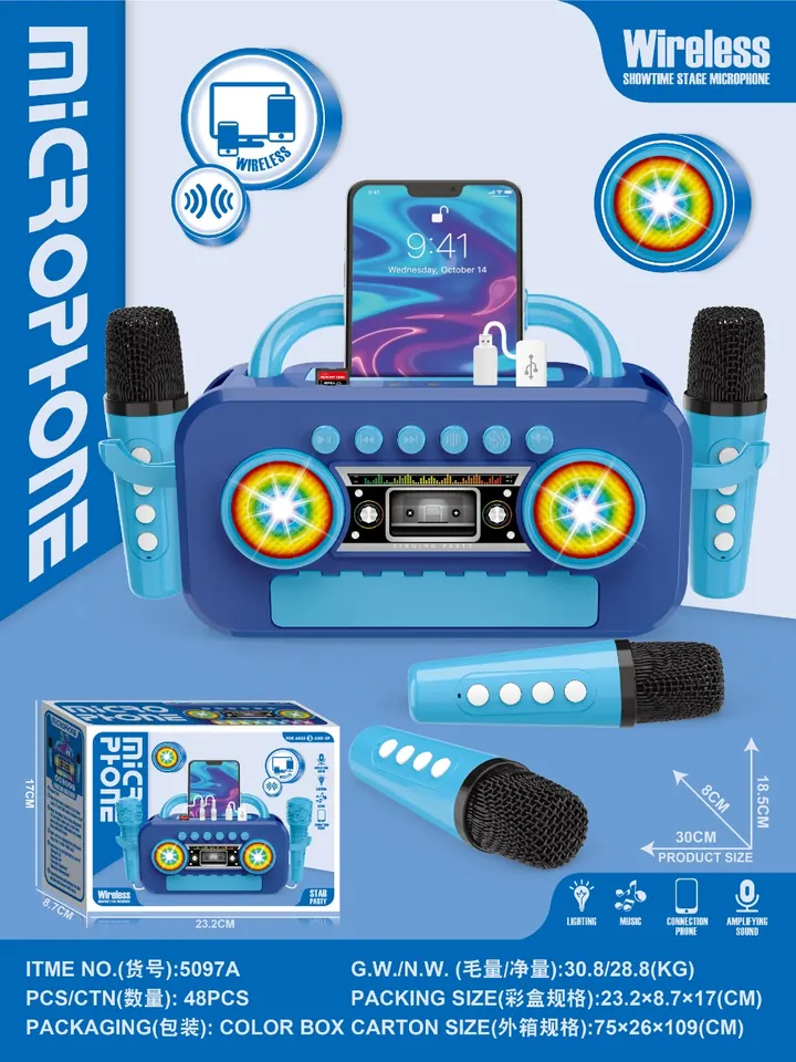 Wireless Bluetooth Radio With Dual Microphones, Lighting/Music/Silence/Voice Change/Previous Song/Next Song/Pause/Play/Volume (battery not included) Color Box wholesale from Qili Toys