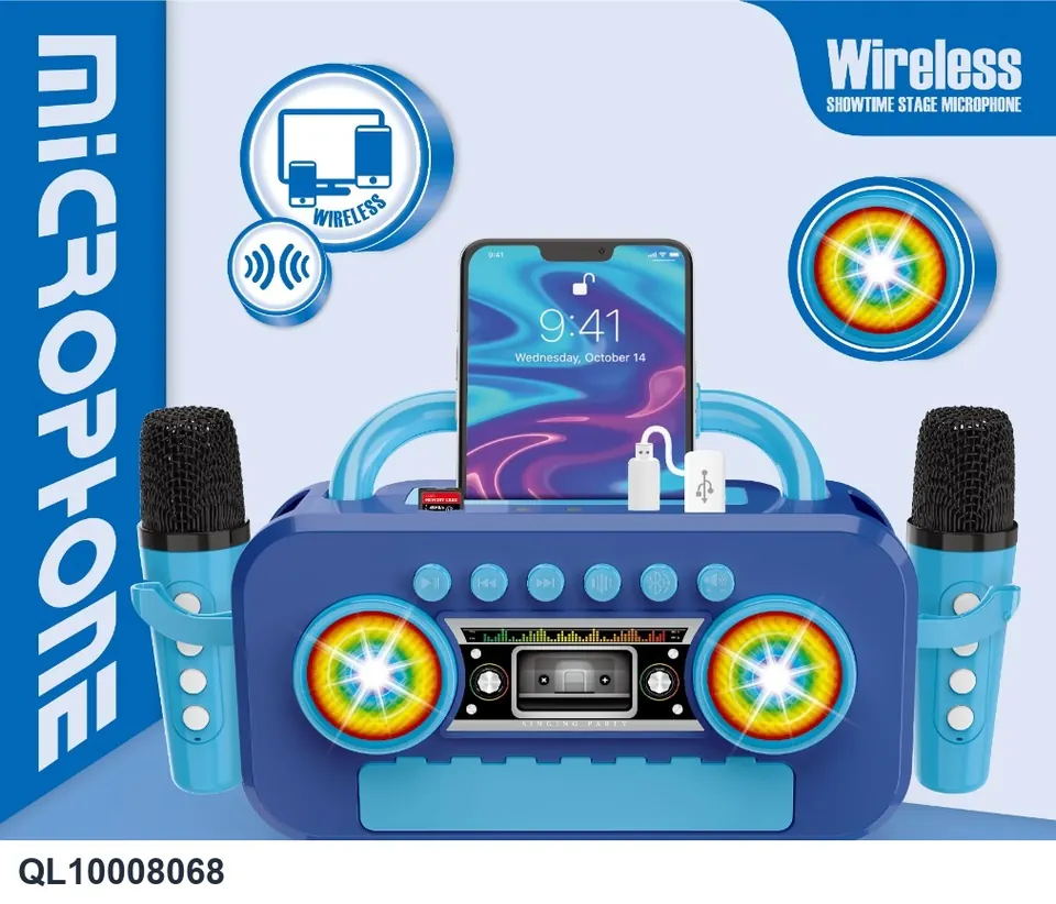 Wireless Bluetooth Radio With Dual Microphones, Lighting/Music/Silence/Voice Change/Previous Song/Next Song/Pause/Play/Volume (battery not included) Color Box wholesale from Qili Toys