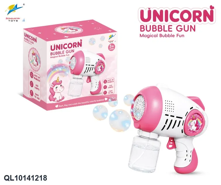 Electric Unicorn Bubble Gun, With 90Ml Bubble Solution [Uses 4 X AA Batteries] Color Box wholesale from Qili Toys