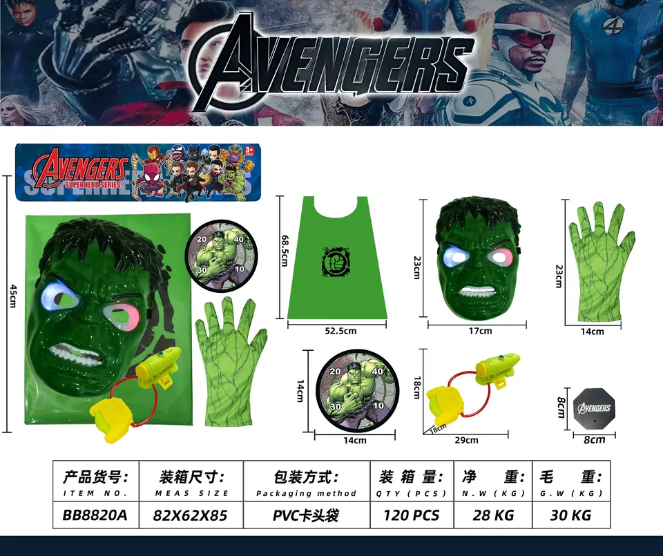 Avengers Hulk Cape + Gloves Water Gun + Luminous Mask + Base PVC Header Bag wholesale from Qili Toys