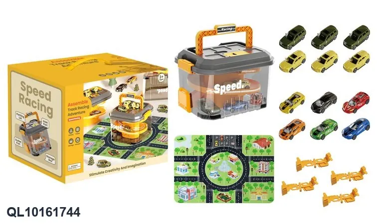 Parking Track Set (6 alloy cars + 6 plastic cars + 48-piece puzzle + 24-piece soft track) Color Box wholesale from Qili Toys