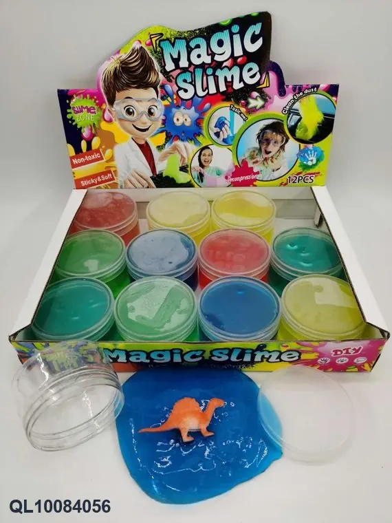 130G Slim, Round Plastic Bottle Transparent Clay For Slime + Dinosaur-Themed Gift Box (12 bottles) Color Box wholesale from Qili Toys