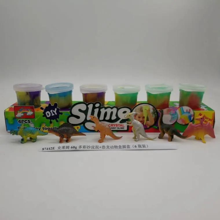 60G Of Colorful Slime Dough + Dinosaur Animal Toy Box (6-bottle set) In wholesale from Qili Toys