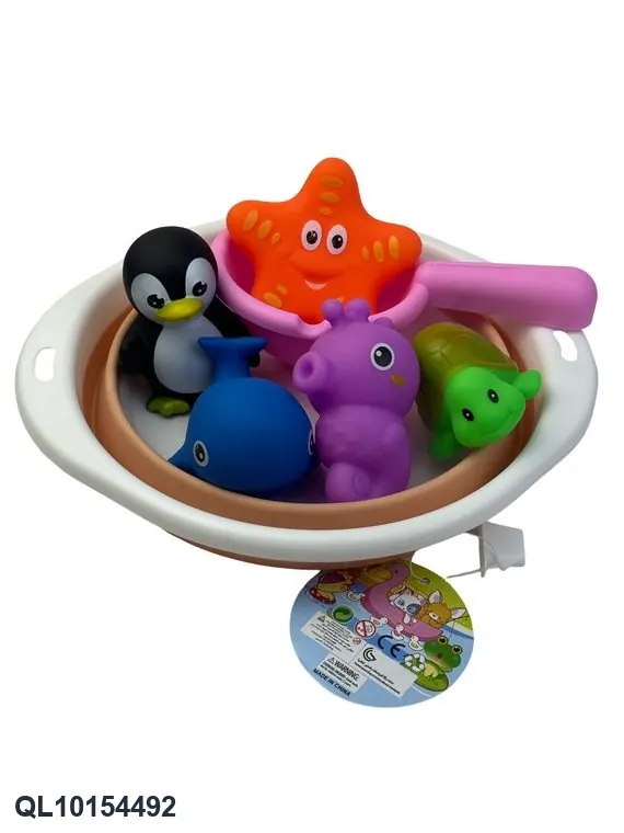 Baby Bath Toys - Plastic Squeeze Animal Set With Scoop - Foldable Basin Mesh Bag wholesale from Qili Toys