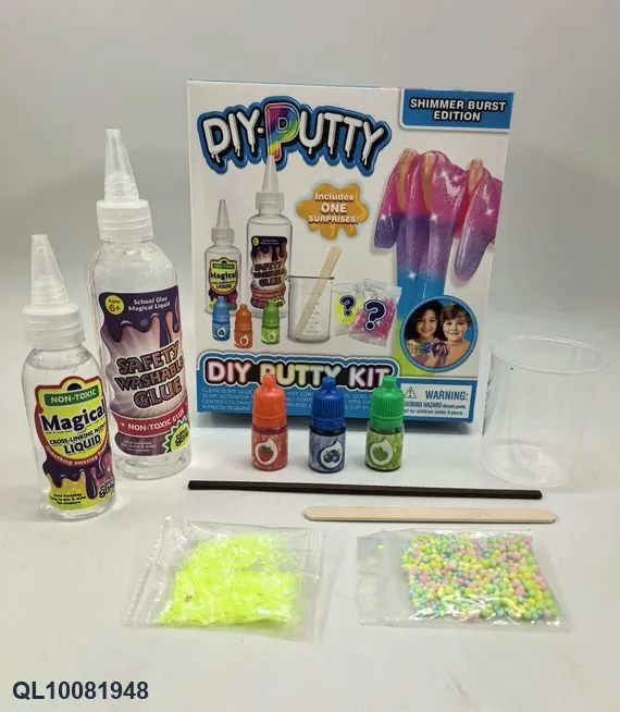 DIY Slime Kit: Squishy Squeeze Toy, In A Box (1 bottle of 120ml glue + 1 bottle of 60ml cross-linking agent + 3 bottles of color gel + 1 packet of flower petals + 1 packet of foam beads + 1 measuring cup + 1 wooden stick + 1 straw) Color Box wholesale from Qili Toys