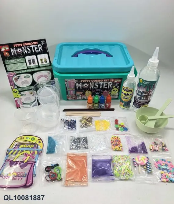 DIY Slime Squishy Squeeze Toy Set Versatile Monster Storage Box (1 bottle of 300ml glue + 1 bottle of 100ml cross-linking agent + 16 packs of accessories + 2 measuring cups + 5 empty bottles + 4 bottles of colorant + 1 set of mixing bowls + 2 straws + 2 wooden sticks + 3 hanging bags + instruction manual) Storage Box wholesale from Qili Toys