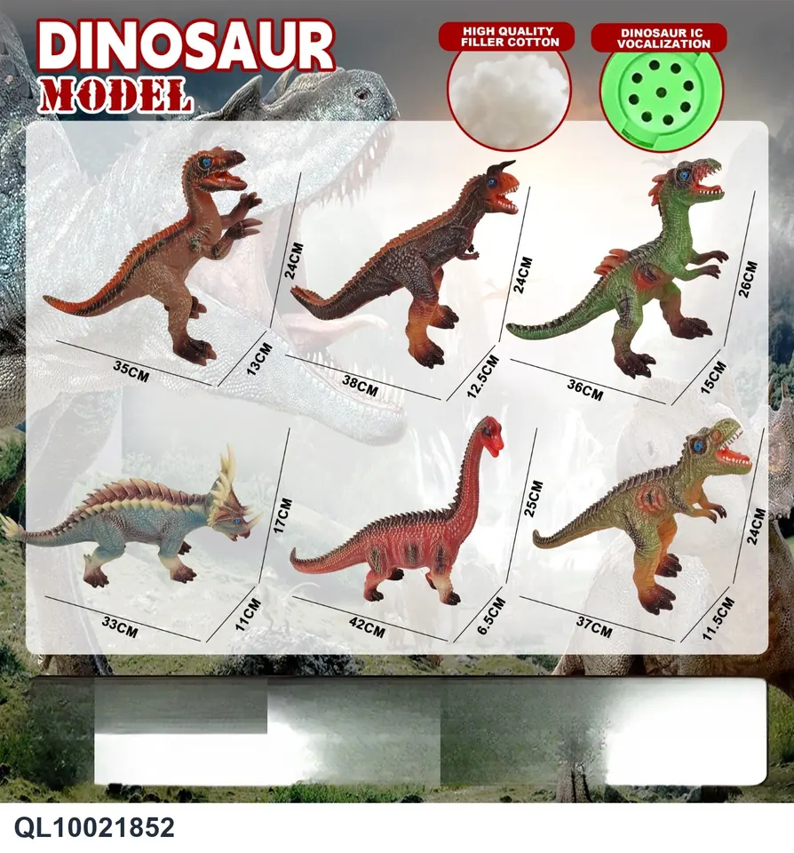 Six Mixed Dinosaurs: Velociraptor, Torosaurus, Dilophosaurus, Triceratops, Brachiosaurus, Allosaurus PE Bag+Elevator wholesale from Qili Toys