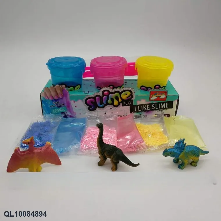 Slime DIY Kit: Includes Slime Dough, Glitter Flakes, 3 Tools, And A Dinosaur Animal Box (3 bottles). In wholesale from Qili Toys