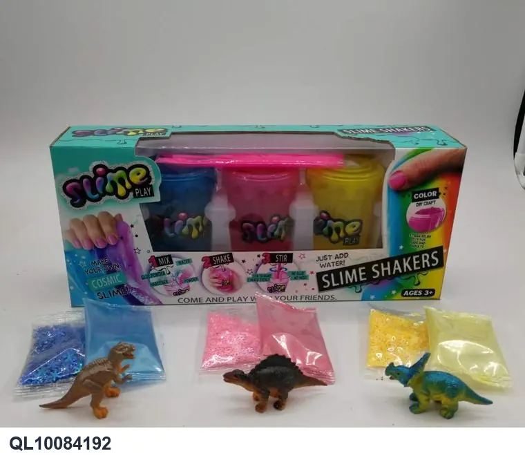 Slime DIY Kit: Includes Slime Dough, Glitter Flakes, 3 Tools, And A Set Of 3 Dinosaur Animal-Themed Bottles. Color Box wholesale from Qili Toys
