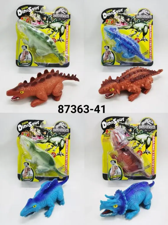 TPR Dinosaur Stretching Toy (with quartz sand filling), Multi-Pack (4 different dinosaur models: iguanodon, stegosaurus, saber-toothed tiger, triceratops, in a mixed color combination), Card-Packaged. Cardboard Packaging wholesale from Qili Toys