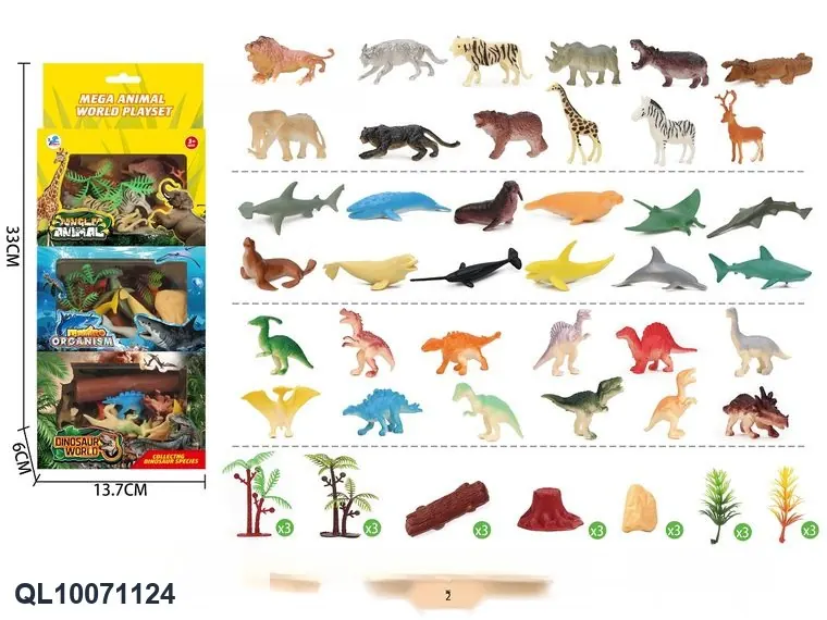 Three Sets Of Boxed Toys: 12 Dinosaur Figures + 12 Animal Figures + 12 Marine Life Figures (each set contains 36 figures plus 21 accessories) Color Box wholesale from Qili Toys