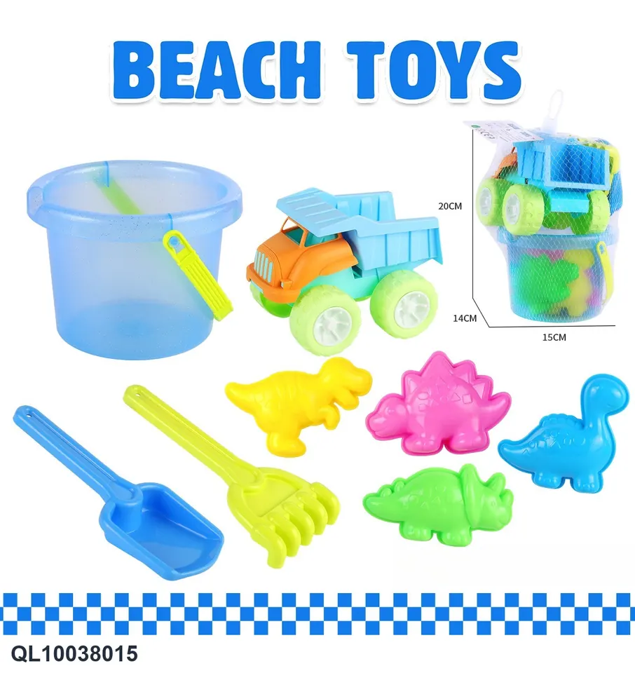 Transparent Beach Bucket ATV Sand Shovel Tool Dinosaur Sand Mold 8PCS Hang Card + Mesh Bag wholesale from Qili Toys
