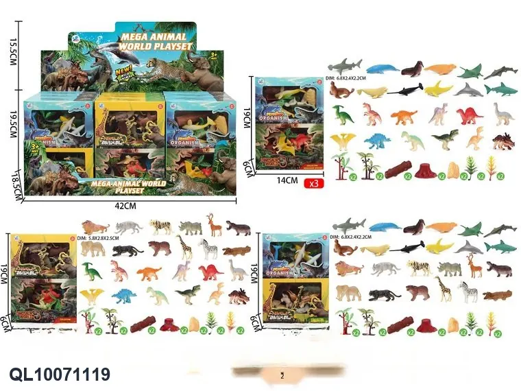 12 Dinosaur Figures, 12 Animal Figures, 12 Marine Life Figures, A Mixed Set (24 figures + 14 accessories) Display Box wholesale from Qili Toys