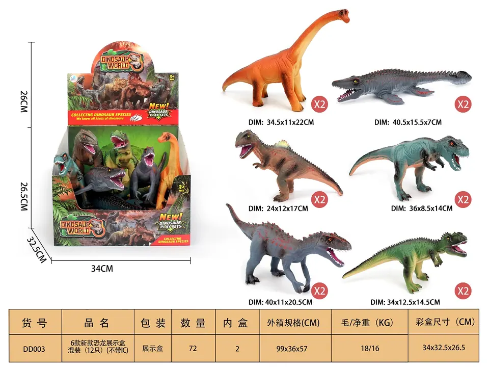 New Set Of Six Mixed Dinosaur Figures From Shandong University's Environmental Protection Project, Displayed In A Showcase Box. Display Box wholesale from Qili Toys