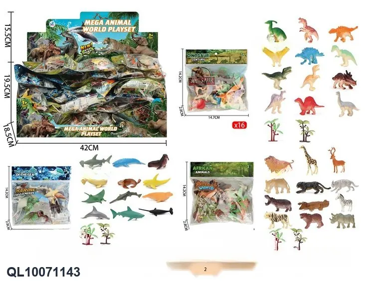 One Bag Containing 12 Dinosaur Figures / 12 Animal Figures / 12 Marine Life Figures + 2 Accessories. Display Box wholesale from Qili Toys