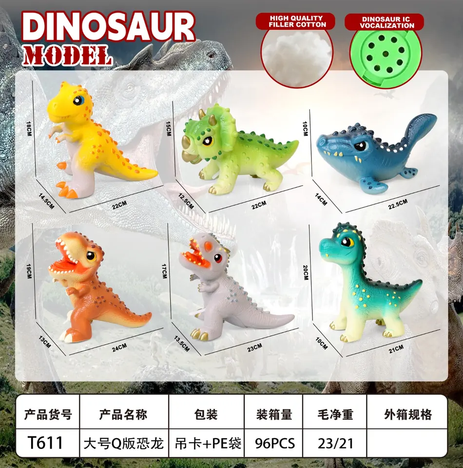Six Large Q Version Dinosaurs Mixed With Velociraptor, Triceratops, Mosasaurus, Tyrannosaurus Rex, Tyrannosaurus, And Brachiosaurus PE Bag+Elevator wholesale from Qili Toys