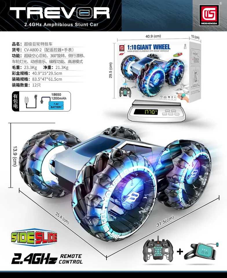 (battery included) 1:10 2.4G Remote Control Giant Wheel Stunt Car (big wheel mecanum hollow wheel) Dual Remote Control Configuration (1*normal remote control + 1*watch remote control) Sealed Box wholesale from Qili Toys