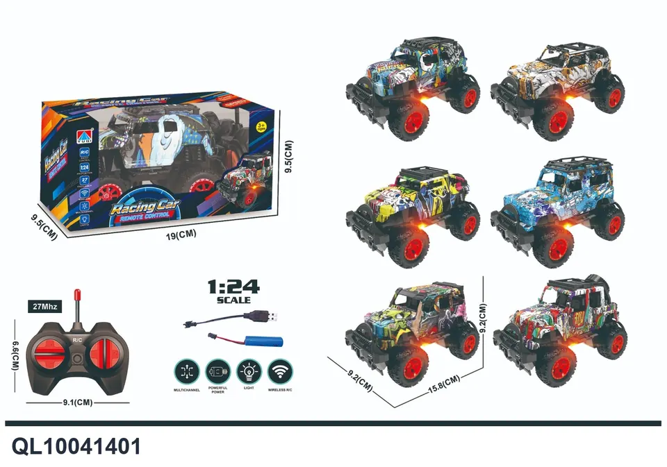 (electricity included) 1:24 Four-Way Light Graffiti Off-Road Remote Control Car. Remote Control Off-Road Vehicle. Jeep Remote Control Car. Remote Control Climbing Car. Climbing Remote Control Car. Remote Control Jeep. Climbing Off-Road Vehicle. Four-Way Remote Control Car. Window Box wholesale from Qili Toys