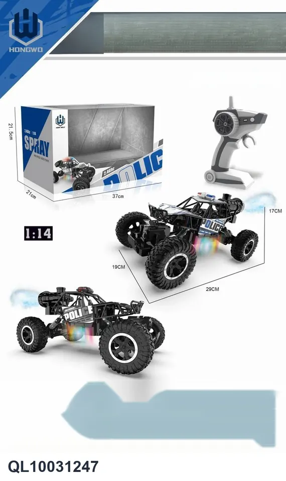 1:14 Four-Wheel Drive Off-Road Police Car (with alloy body), 2.4GHz Remote Control, With 7-Color Flashing LED Lights, And A 3.7V Lithium Battery With USB Screwdriver (mixed colors - 2 sets). Includes A Water Bottle. Window Box wholesale from Qili Toys