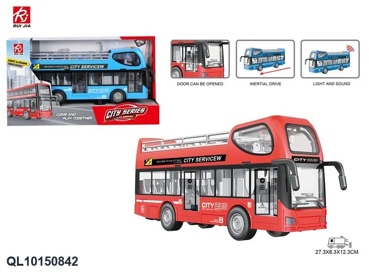 1:16 City Double-Decker Sightseeing Bus: Inertia, Lighting, Sound Effects, And Door Operation. Display Box wholesale from Qili Toys