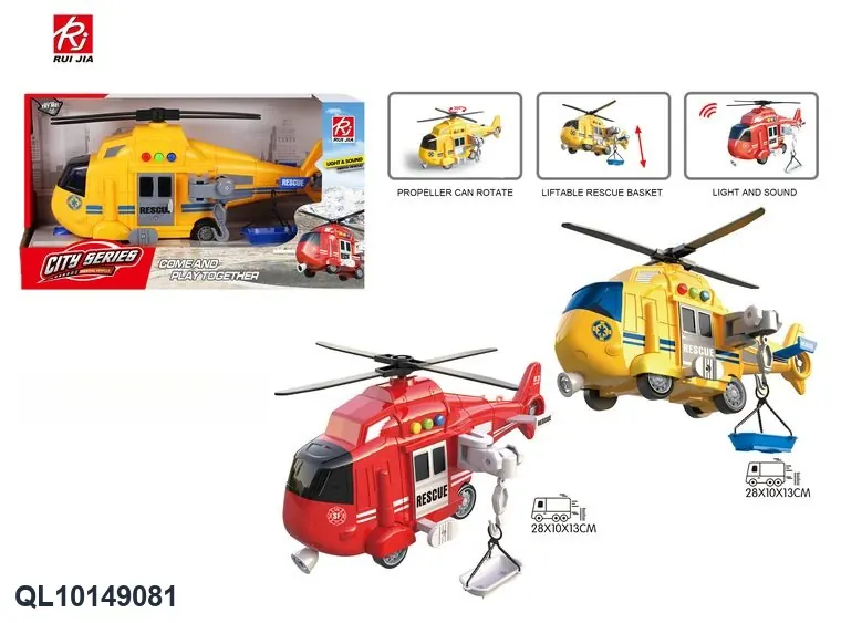 1:16 Scale Helicopter: Inertia, Lighting, Sound Effects, Rotating Propeller (activated by pressing), And Lifting Basket. Display Box wholesale from Qili Toys