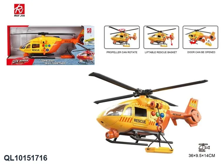 1:16 Scale Rescue Helicopter (with propeller rotation and realistic lighting, sound effects, and lifting basket). Display Box wholesale from Qili Toys