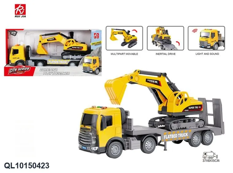 1:18 Scale Transport Truck With A Working Excavator, Lights, And Sound Effects. Display Box wholesale from Qili Toys