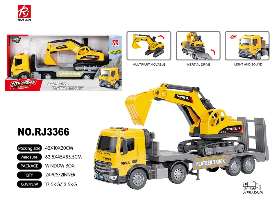 1:18 Scale Transport Truck With A Working Excavator, Lights, And Sound Effects. Display Box wholesale from Qili Toys