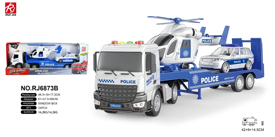 1:18 Sound And Light Inertia Police Car Flatbed Towing Helicopter/Police Car Display Box wholesale from Qili Toys
