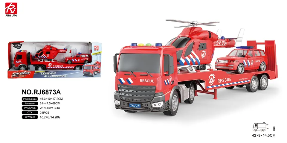 1:18 Sound And Light Inertial Fire Flatbed Towing Helicopter/Police Car Display Box wholesale from Qili Toys