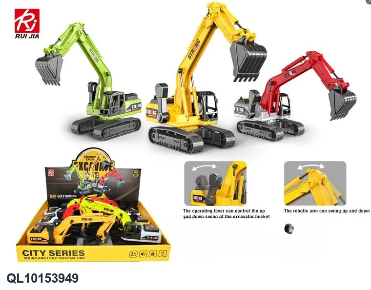 1:20 Excavator Display Set - Sliding, Lights, Sound, 360 Rotation (1 set contains 6 excavators) Display Box wholesale from Qili Toys