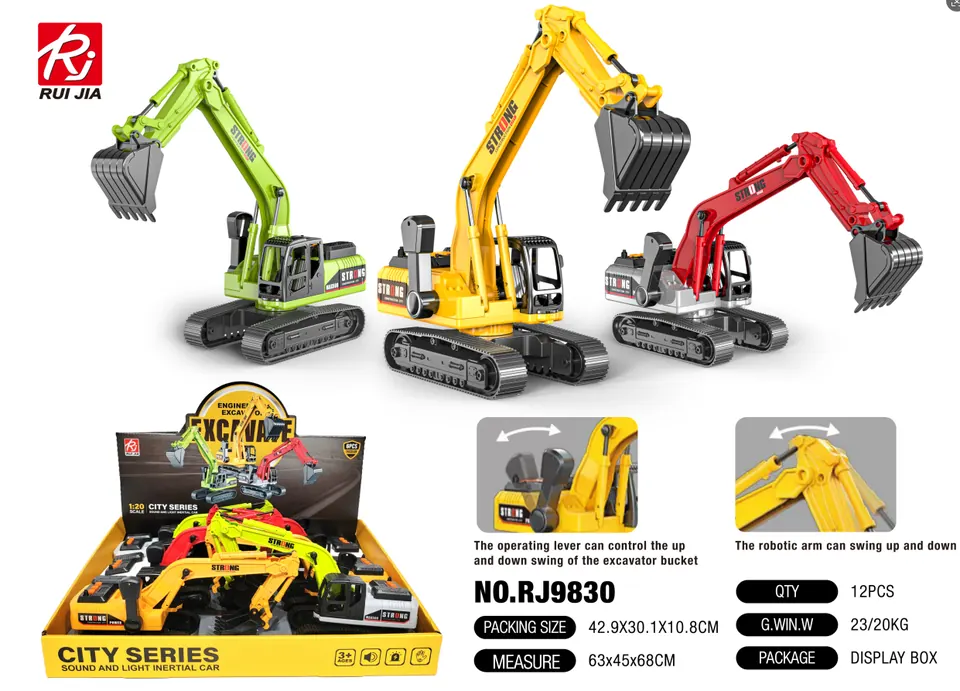 1:20 Excavator Display Set - Sliding, Lights, Sound, 360 Rotation (1 set contains 6 excavators) Display Box wholesale from Qili Toys